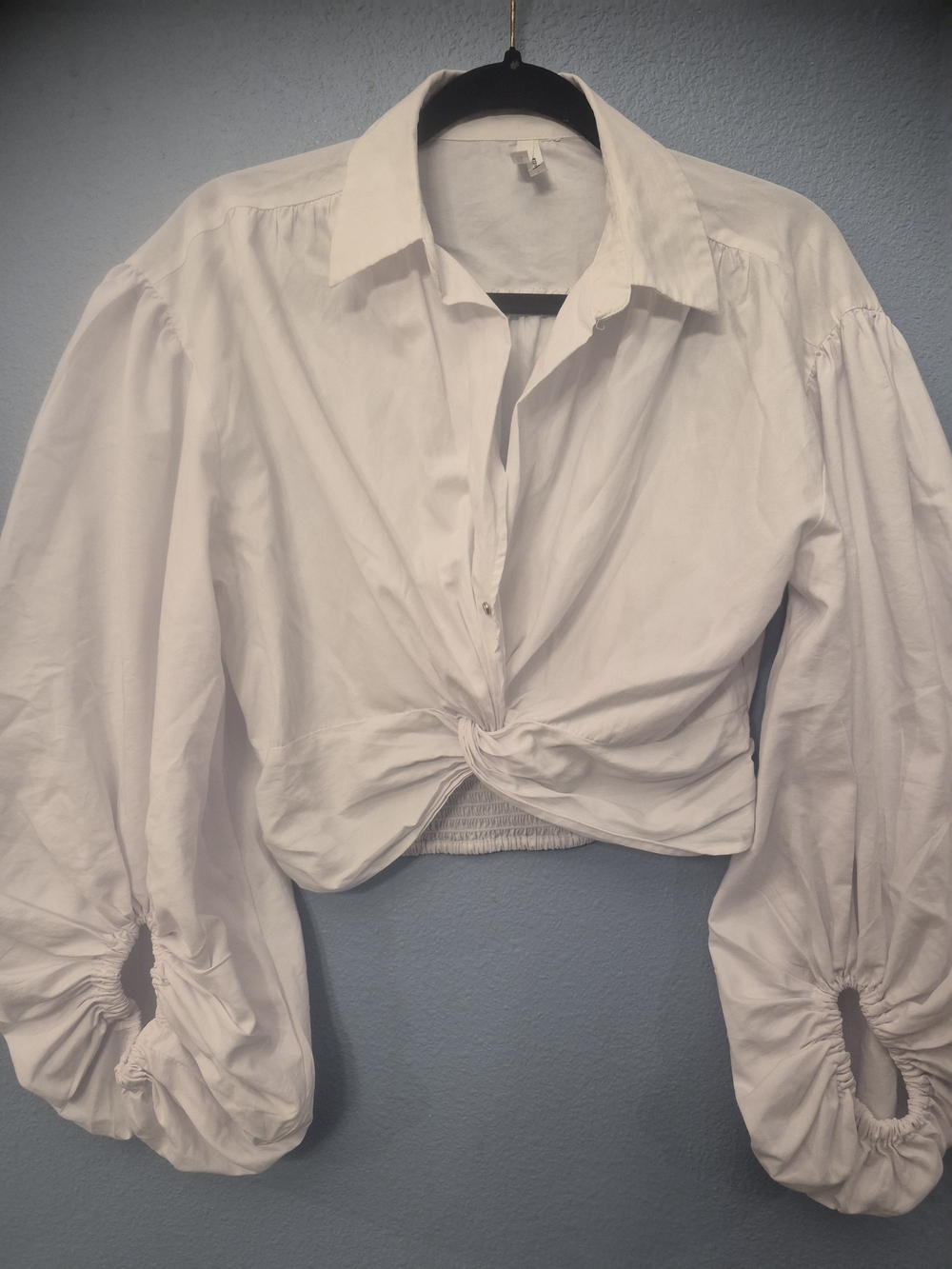 Women Long SleveLive 4 Truth White Knot-Front Button Down Puff Sleeve Shirt